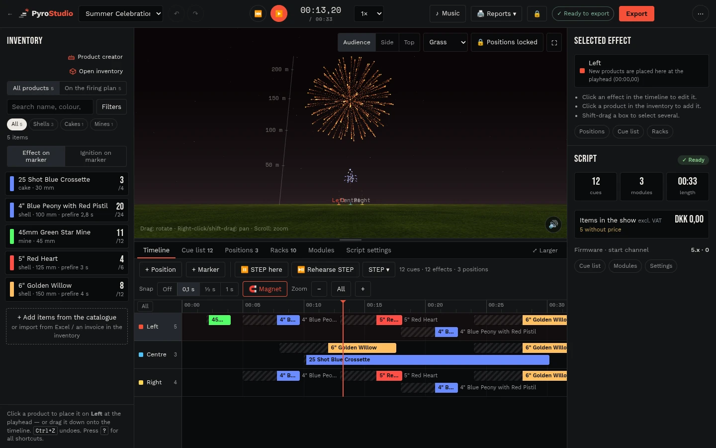 Actual PyroStudio workspace showing the 3D fireworks preview and show timeline