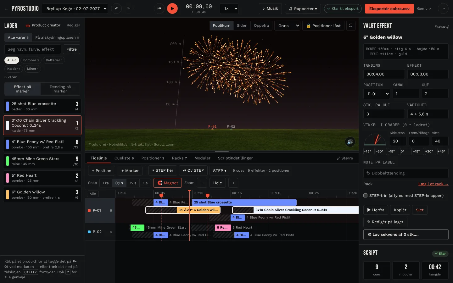 Actual PyroStudio workspace showing the 3D fireworks preview and show timeline